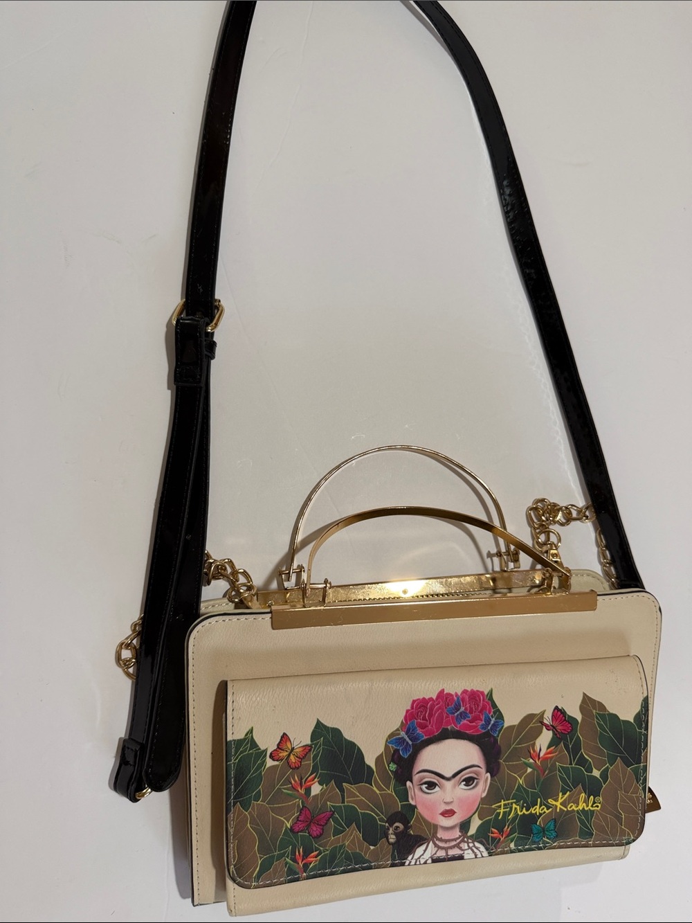 Frida Kahlo Cream Crossbody Satchel with Floral Art